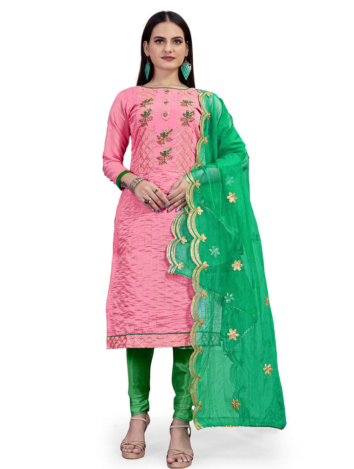 women solid with work unstitched suit set