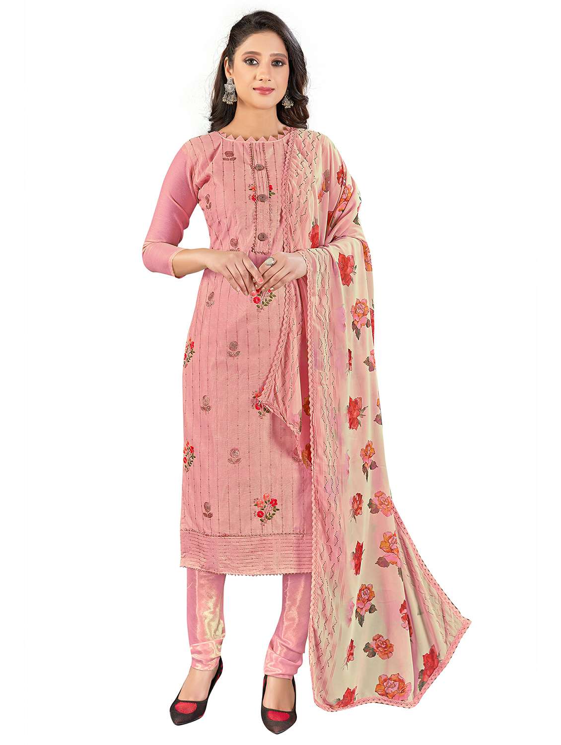 women solid with work unstitched suit set