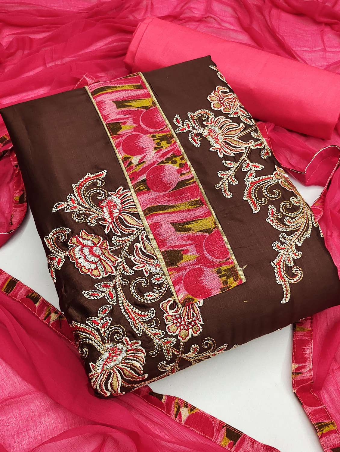 women solid with work unstitched suit set