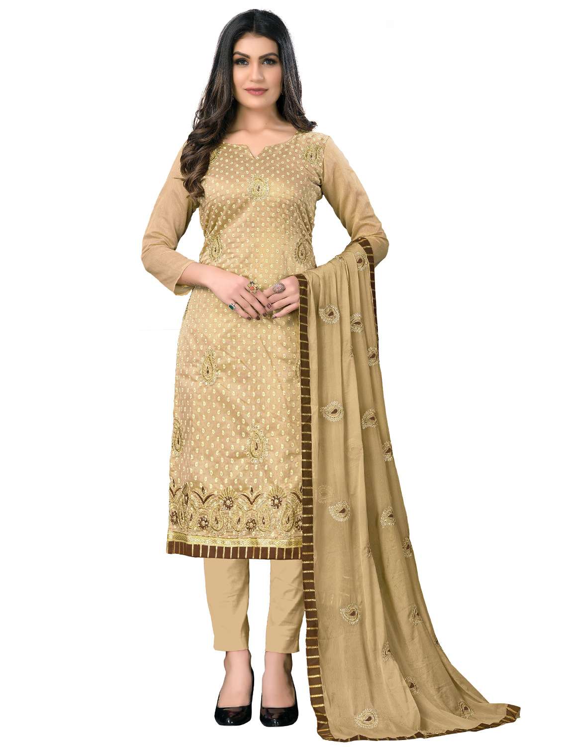 women solid with work unstitched suit set