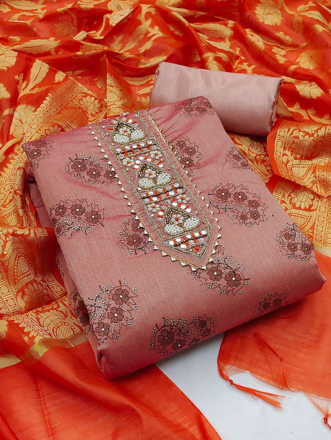 women solid with work unstitched suit set