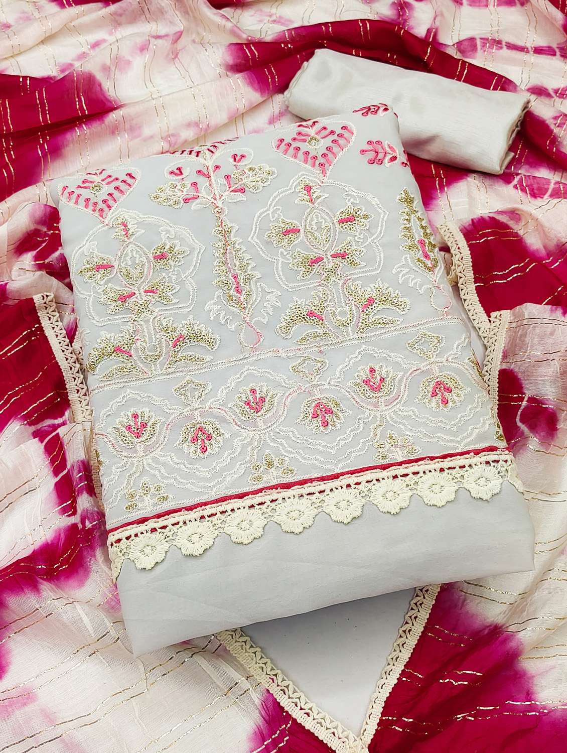 women solid with work unstitched suit set