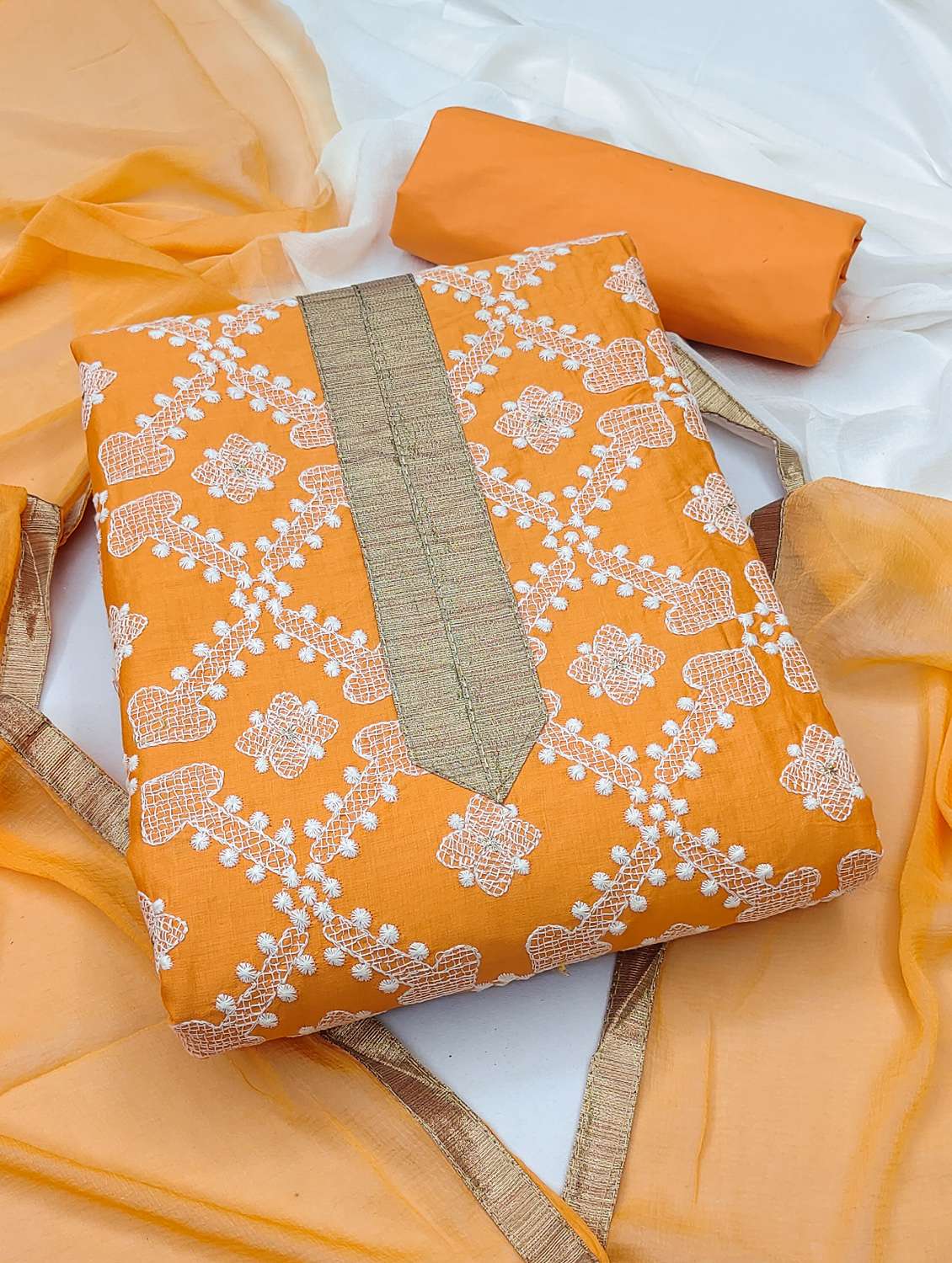 women solid with work unstitched suit set