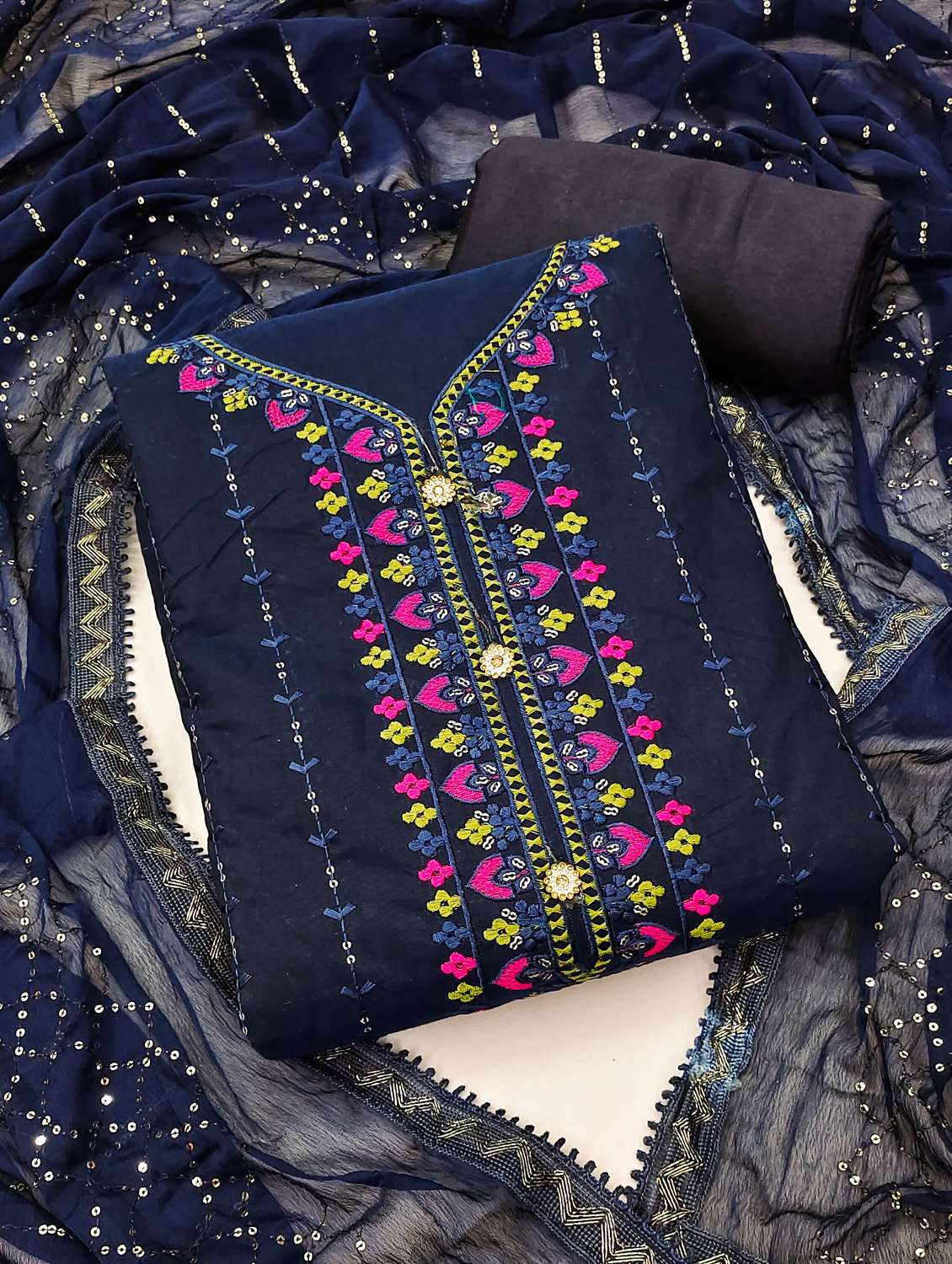 women solid with work unstitched suit set