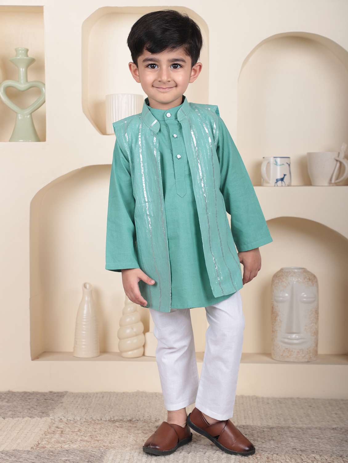 boys self designed kurta and pyjama set with jacket