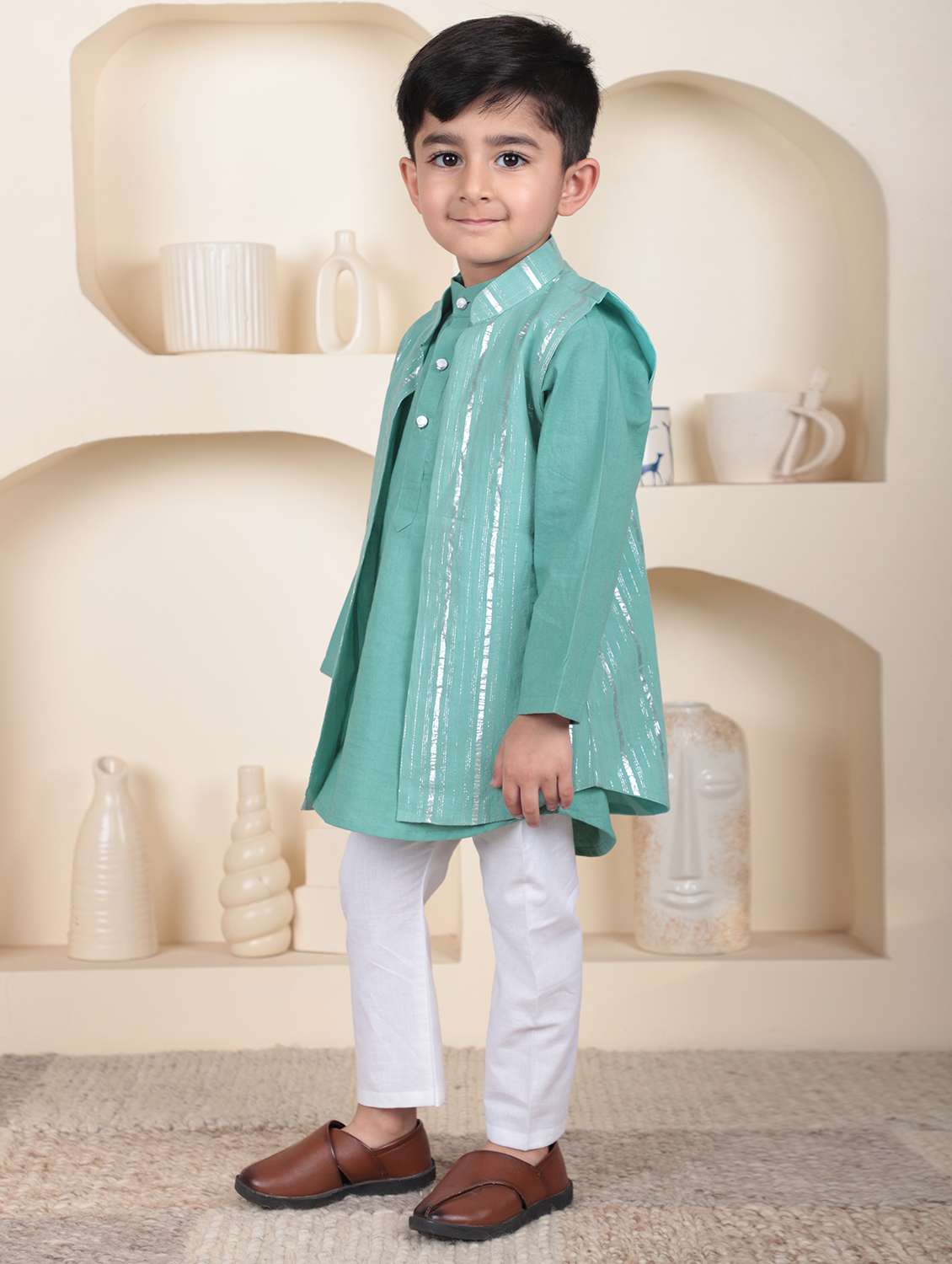 boys self designed kurta and pyjama set with jacket - 22397350 -  Standard Image - 3