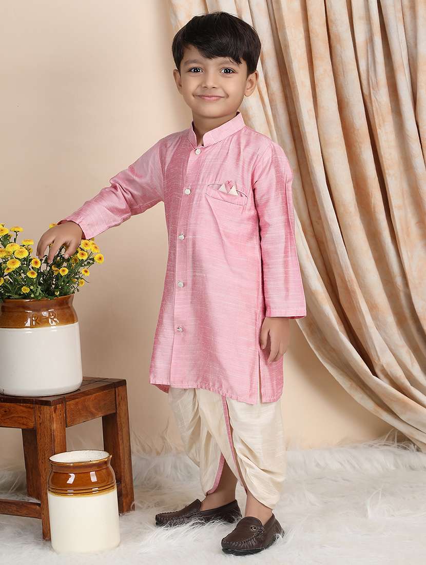 boys solid long sleeve kurta and dhoti set