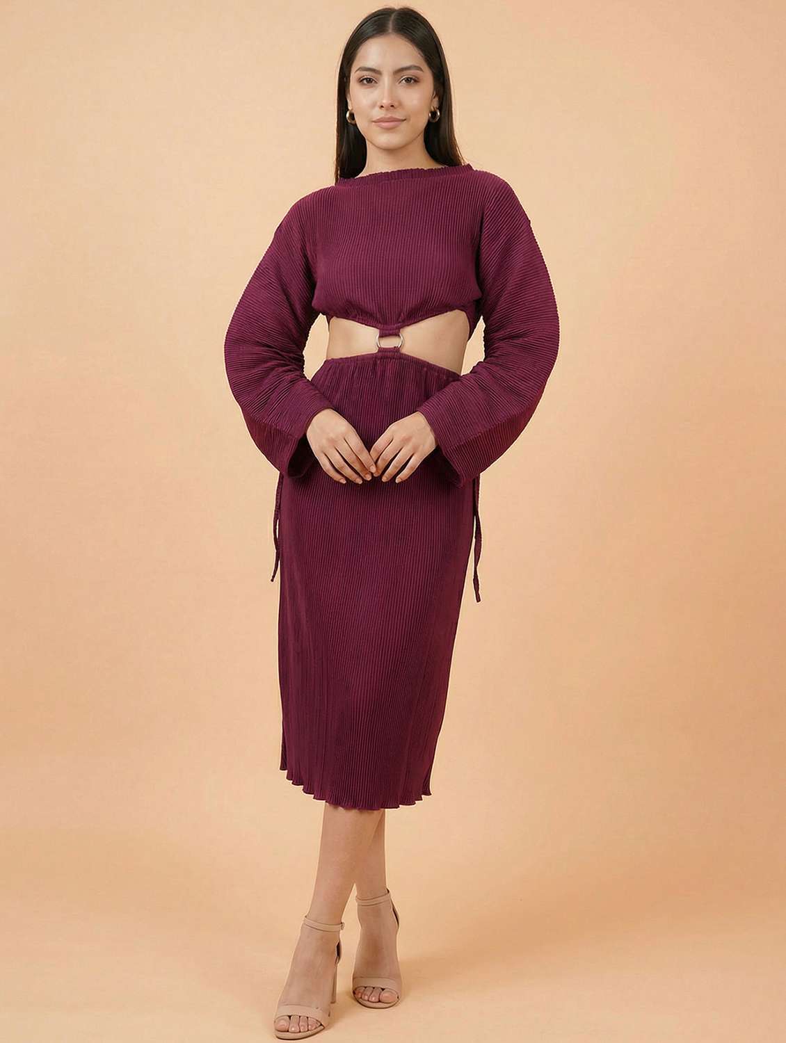 women solid long sleeve cut out sheath dress - 22397373 -  Standard Image - 3