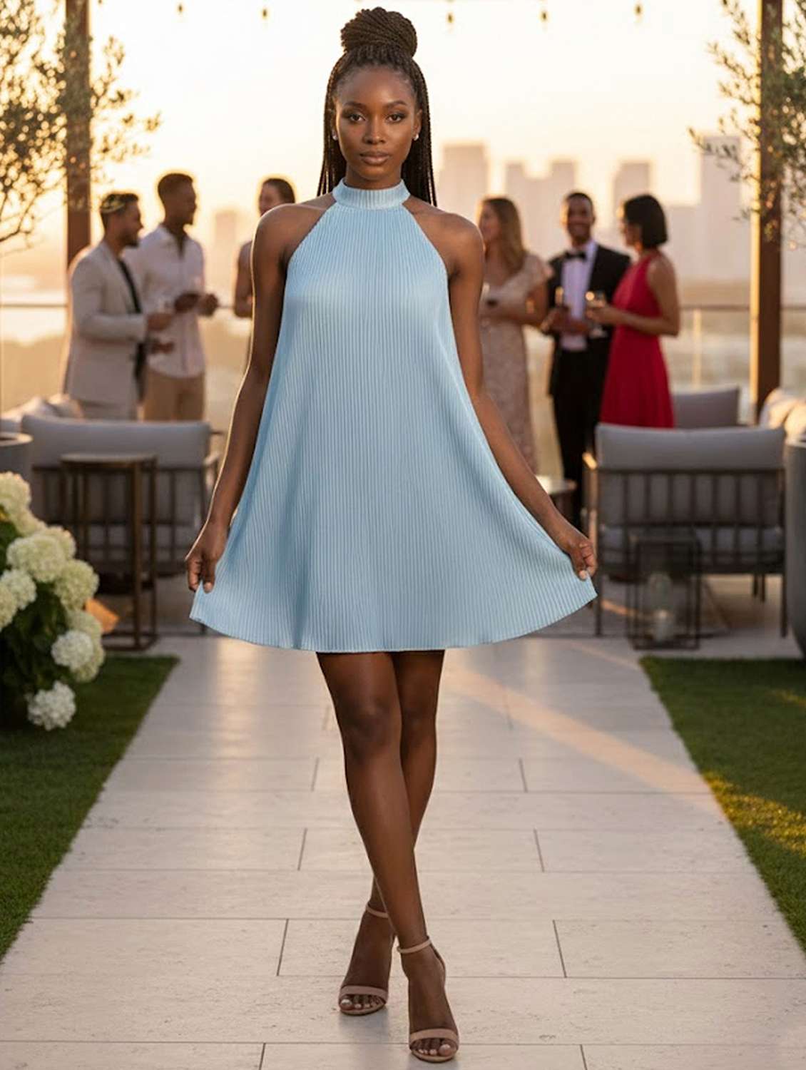 women solid halter neck sleeveless a-line dress