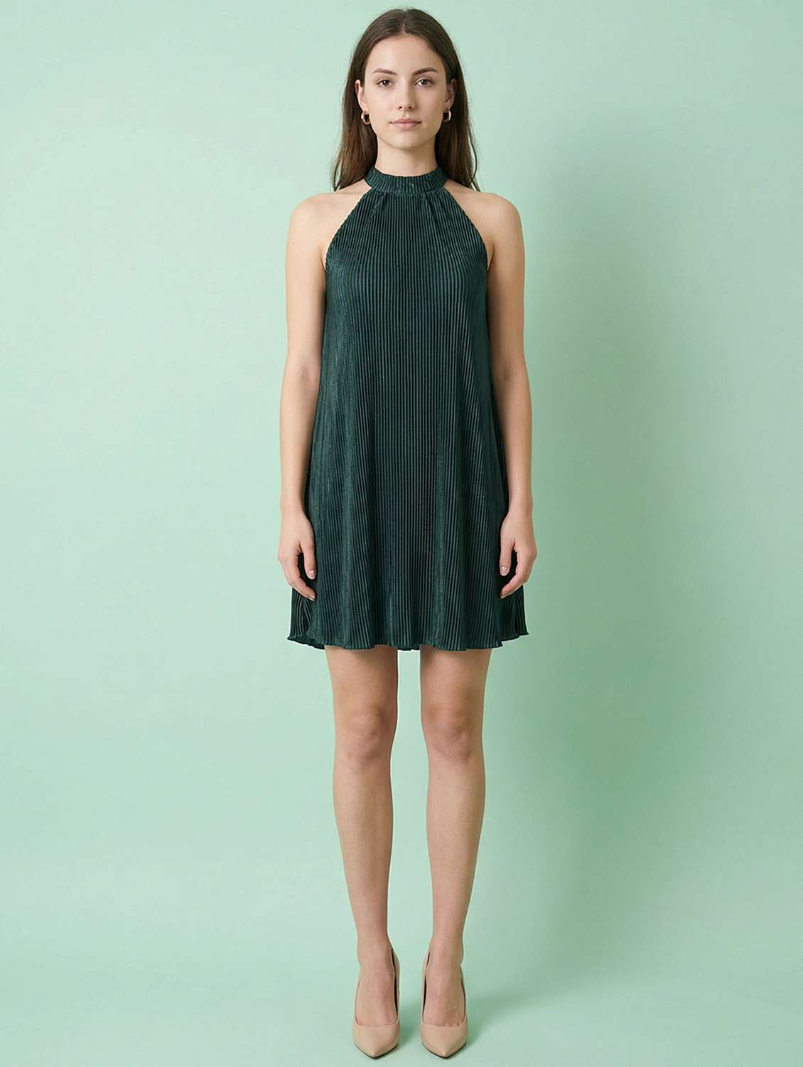 women solid halter neck sleeveless a-line dress - 22397377 -  Standard Image - 3