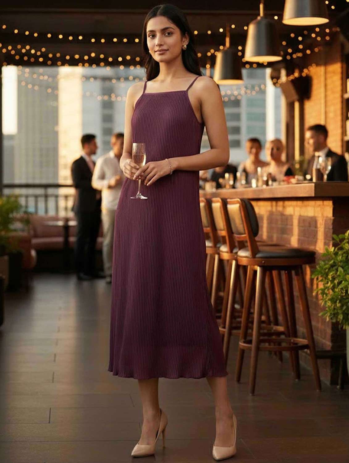 women solid shoulder strap a-line dress