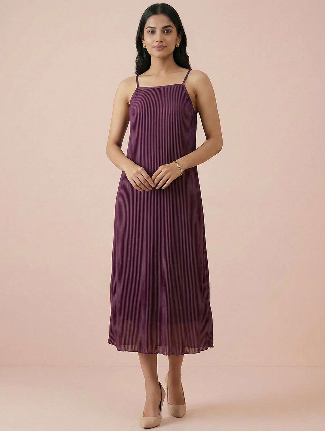 women solid shoulder strap a-line dress - 22397379 -  Standard Image - 3