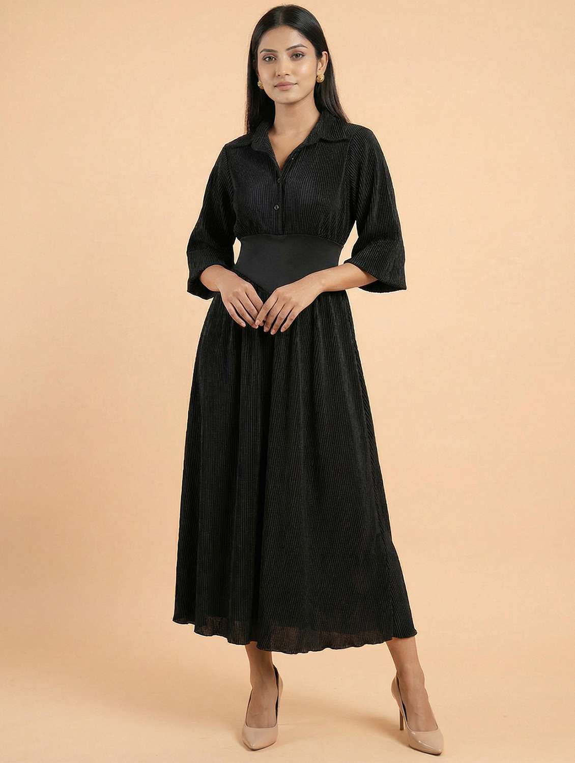 women solid collared fit & flared dress - 22397381 -  Standard Image - 3