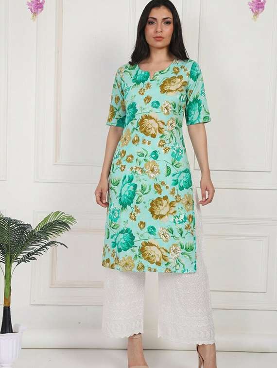 women floral printed short sleeve straight kurta