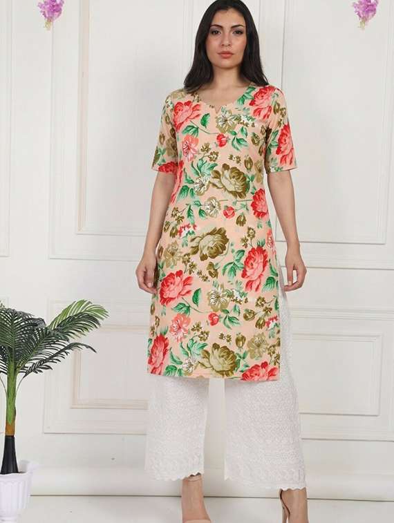 women floral printed short sleeve straight kurta