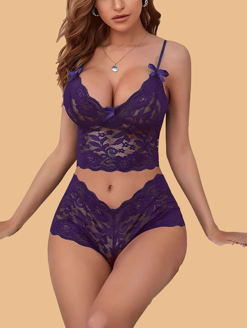 women solid lace bra and panty set