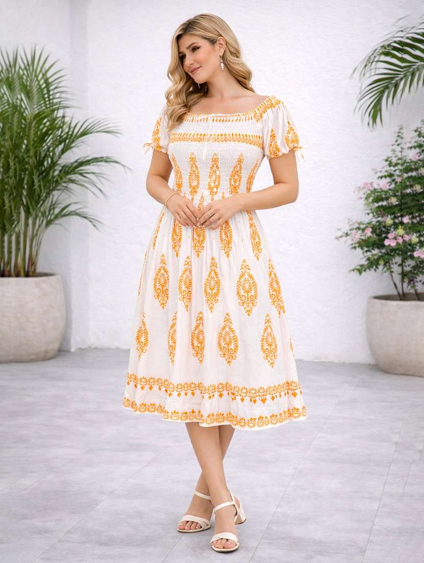 women printed short sleeve fit & flare dress