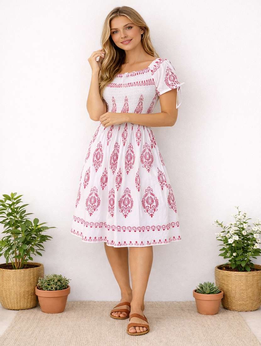 women printed short sleeve fit & flare dress