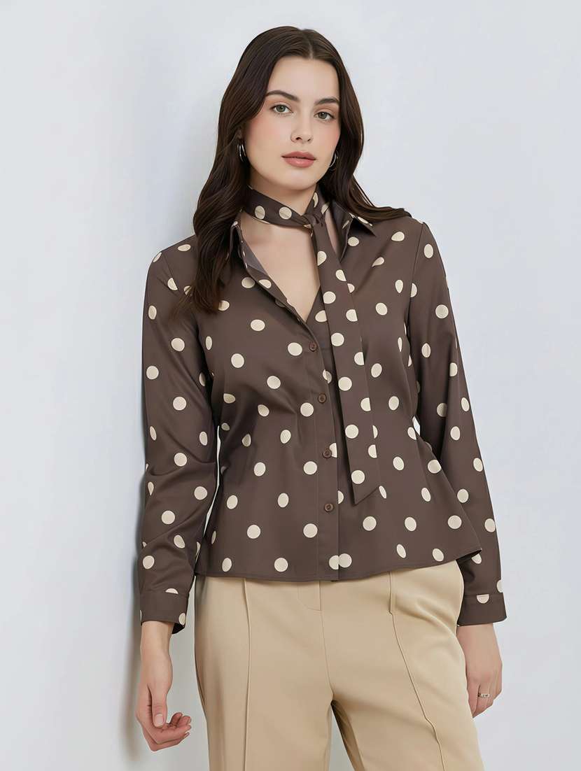 women polka doted long sleeve shirt with neck tie