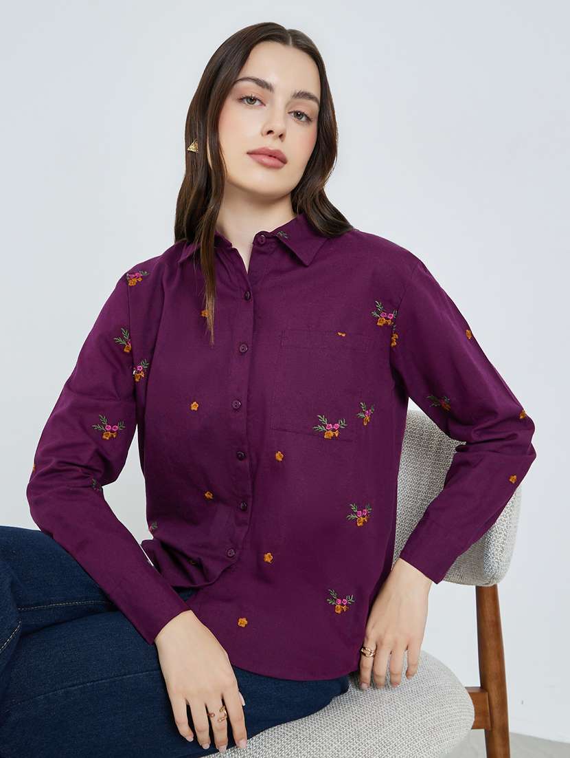 women embroidered collared long sleeve shirt