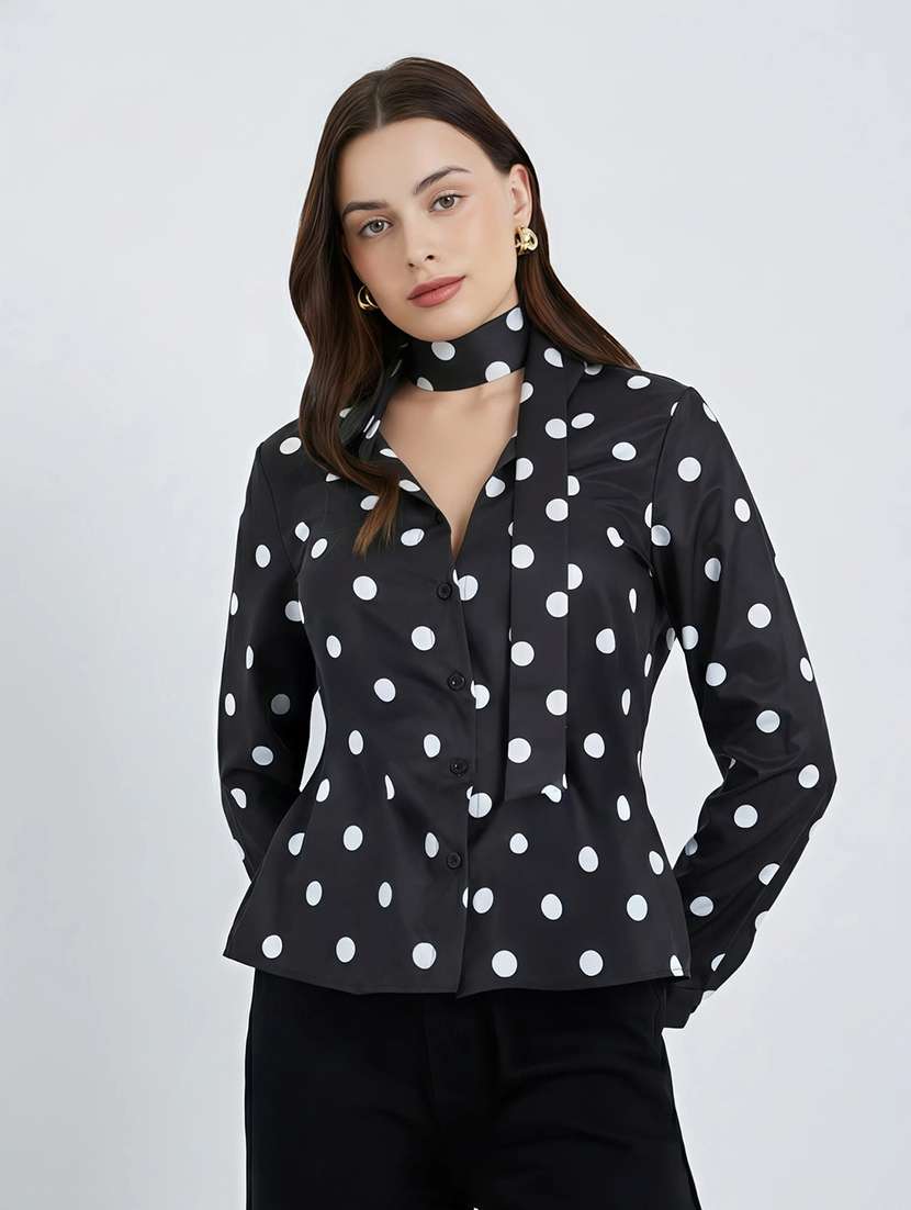 women polka doted long sleeve shirt with neck tie