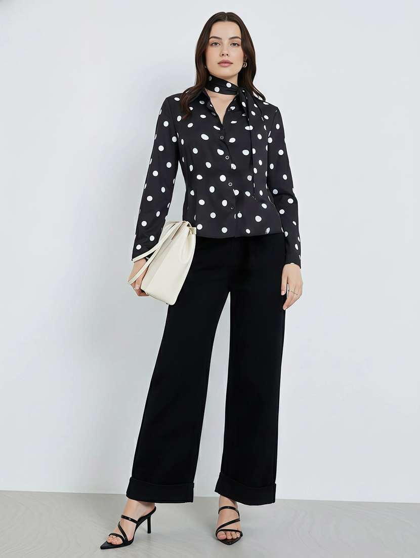 women polka doted long sleeve shirt with neck tie - 22397800 -  Standard Image - 3
