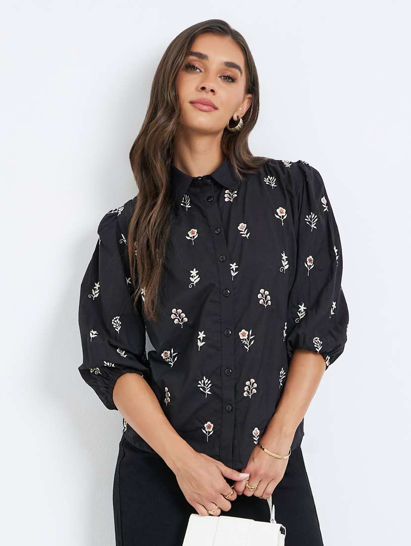 women embroidered collared puff sleeve shirt