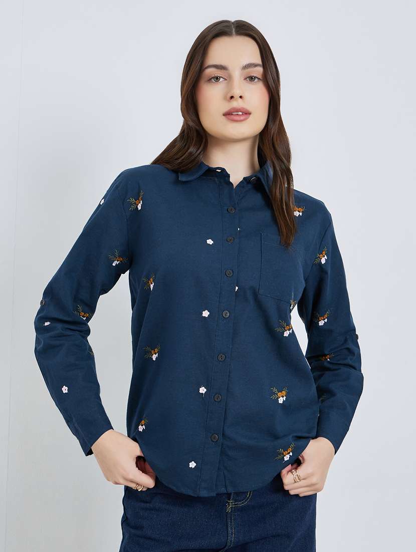 women embroidered collared long sleeve shirt