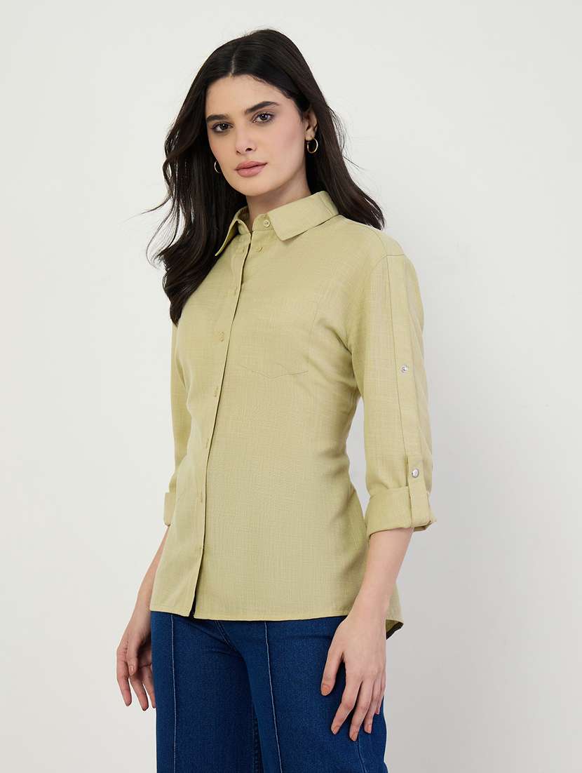 women solid roll up sleeve back tie up shirt - 22397805 -  Standard Image - 3