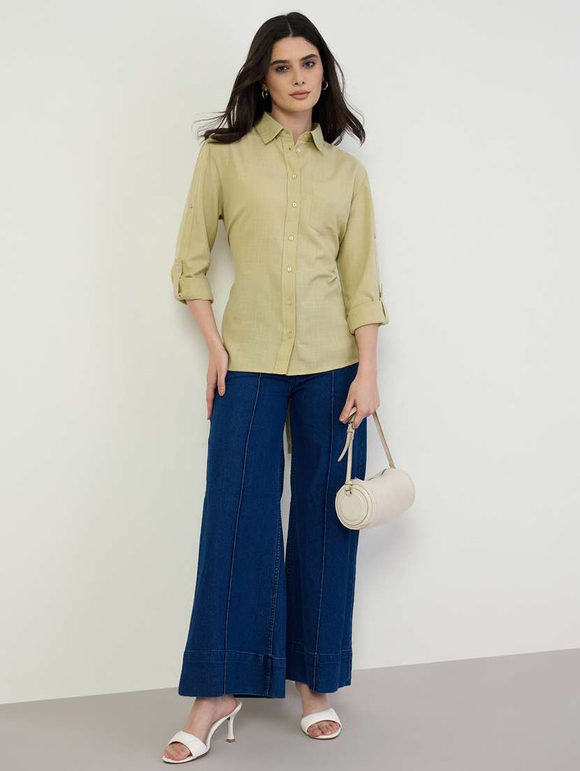 women solid roll up sleeve back tie up shirt - 22397805 -  Standard Image - 5