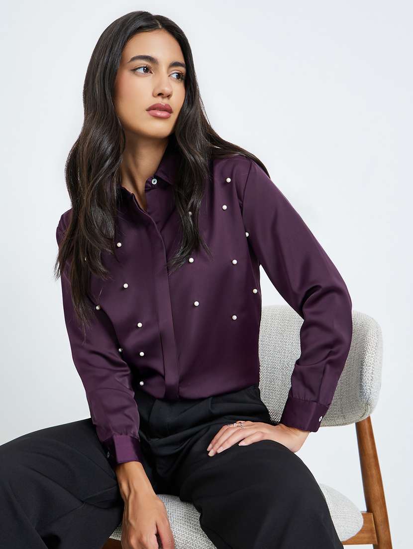 women embellished collared long sleeve shirt