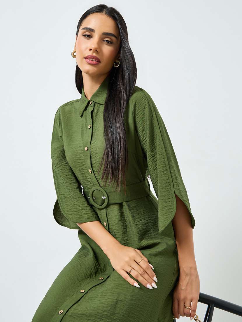 women solid collared belted shirt dress - 22397817 -  Standard Image - 5
