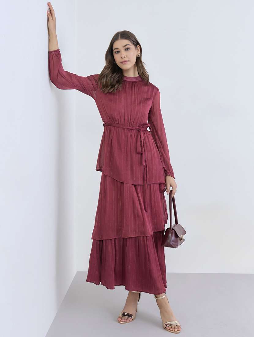 women solid bishop sleeve layered dress