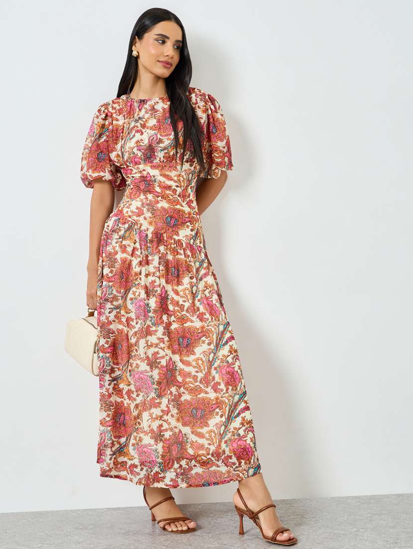 women floral print puff sleeve a-line dress
