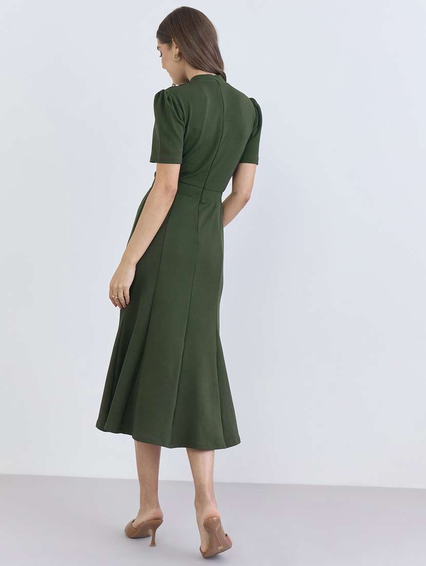 women solid puff sleeve a-line dress - 22397830 -  Standard Image - 3
