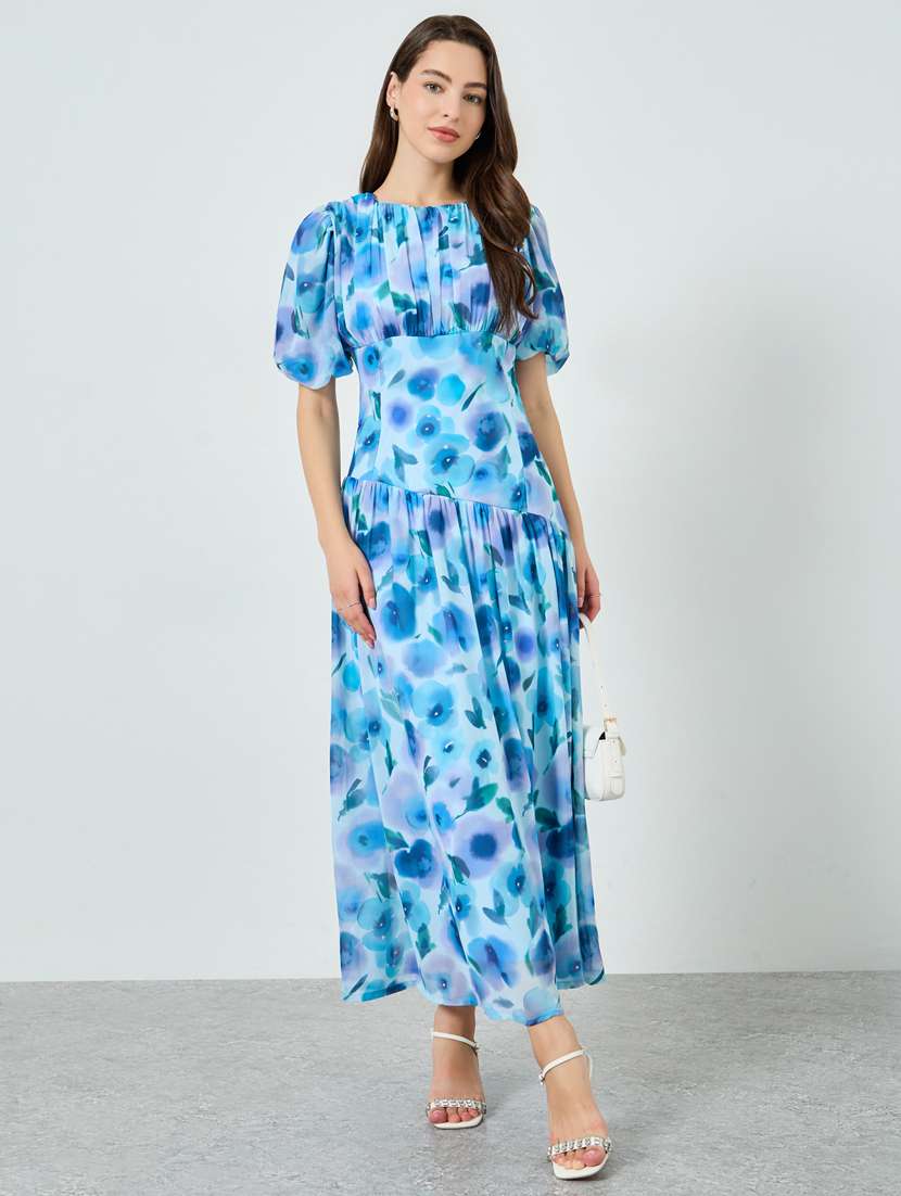 women floral print puff sleeve a-line dress