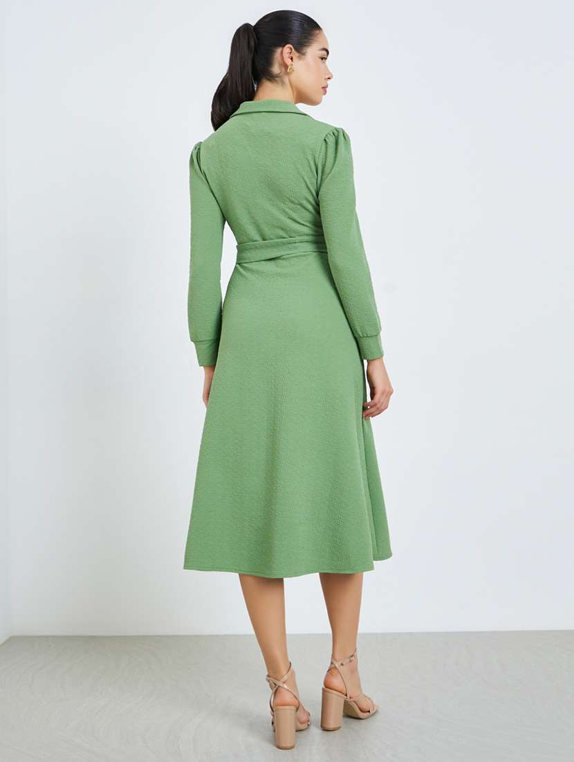 women solid collared puff sleeve a-line dress - 22397837 -  Standard Image - 3