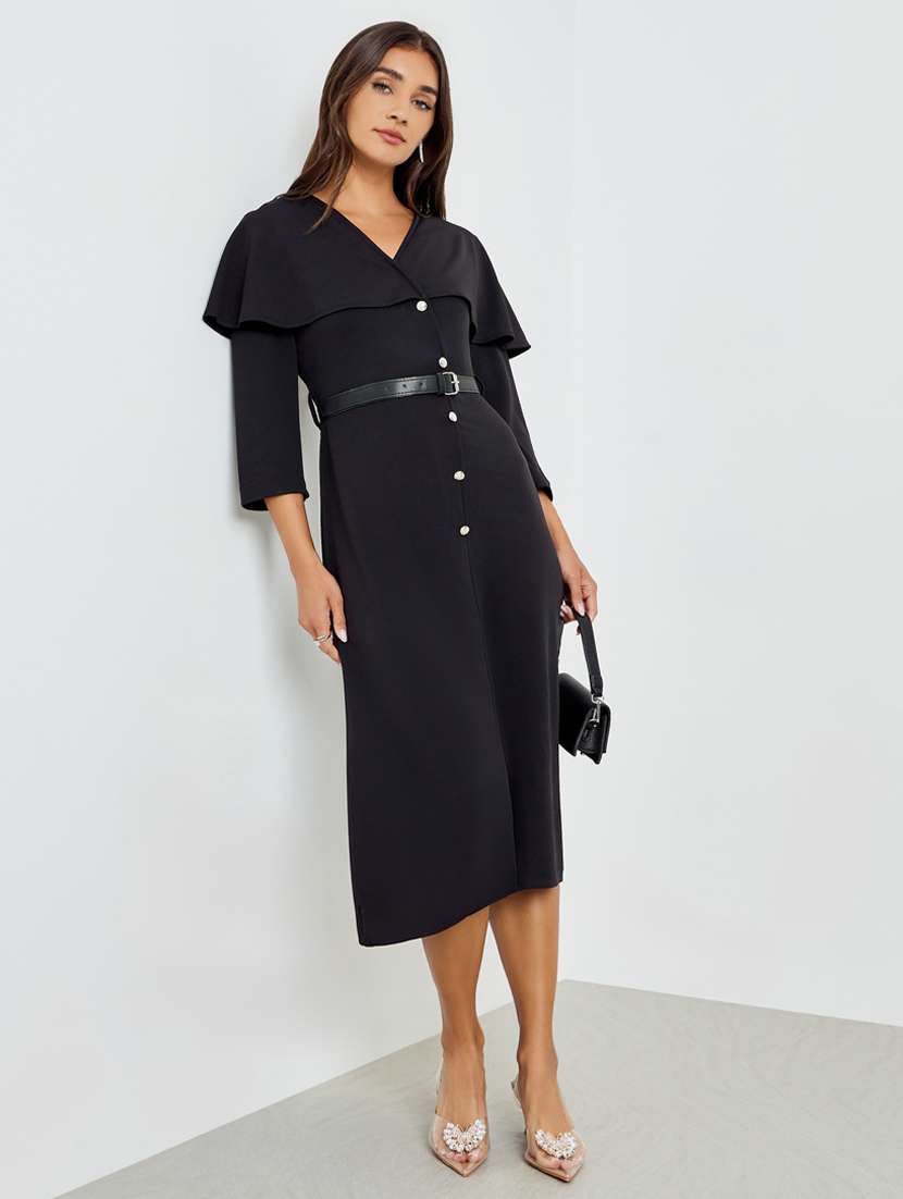 women solid three quarter sleeve shirt dress