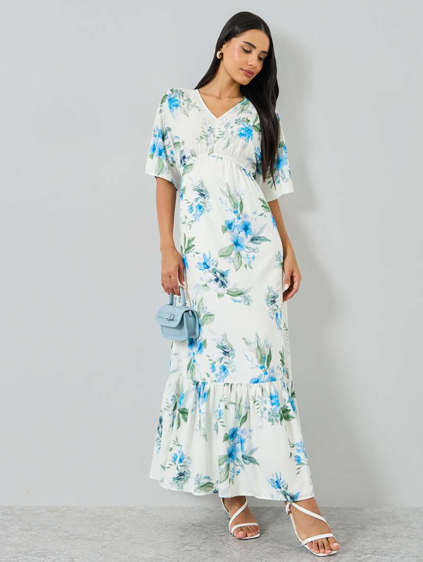 women floral print short sleeve tiered dress