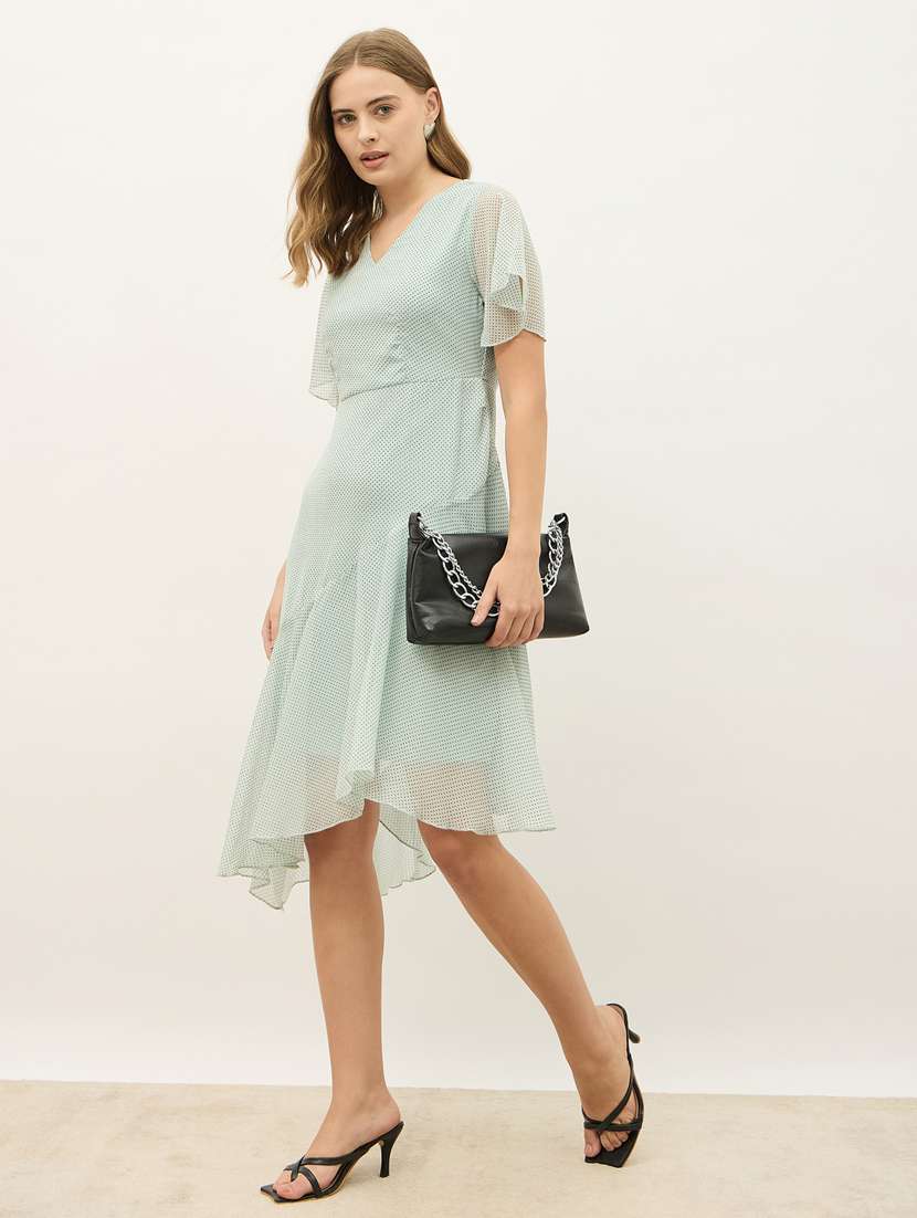 women polka doted falred sleeve asymmetric dress