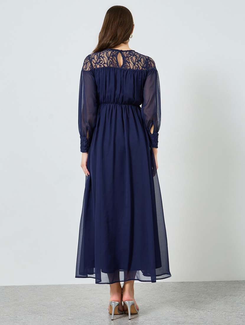 women solid bishop sleeve lace detailed a-line dress - 22397845 -  Standard Image - 3