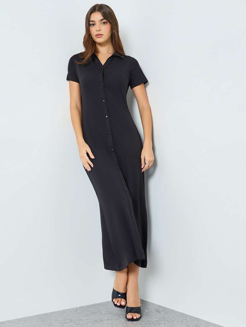 women solid collared short sleeve shirt dress - 22397848 -  Standard Image - 3