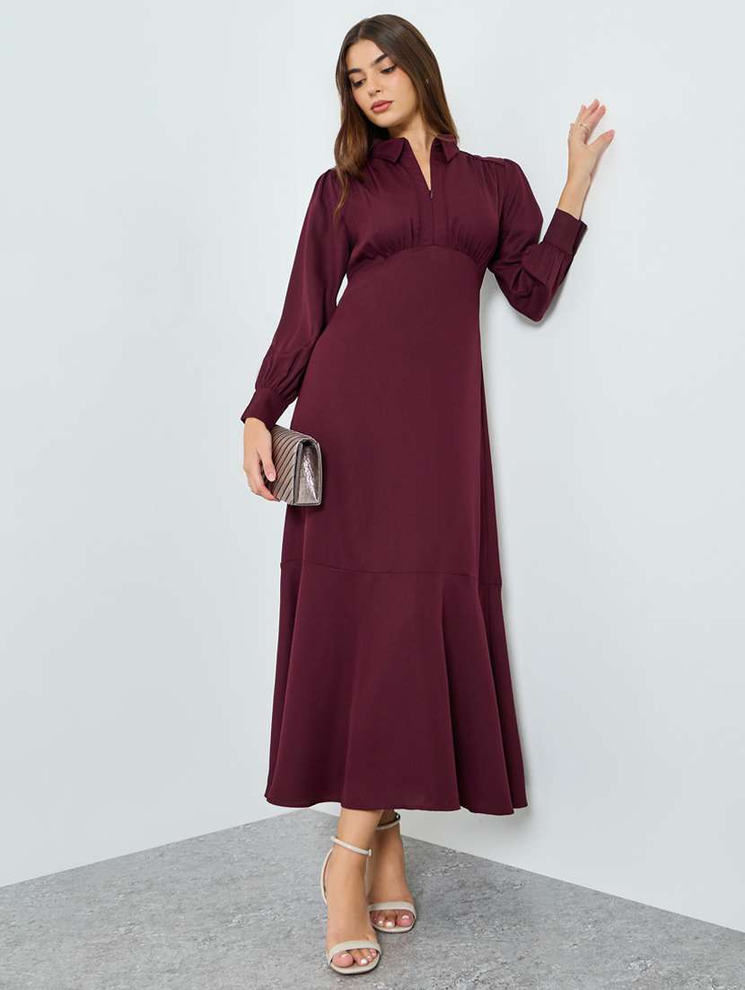 women solid collared bishop sleeve a-line dress