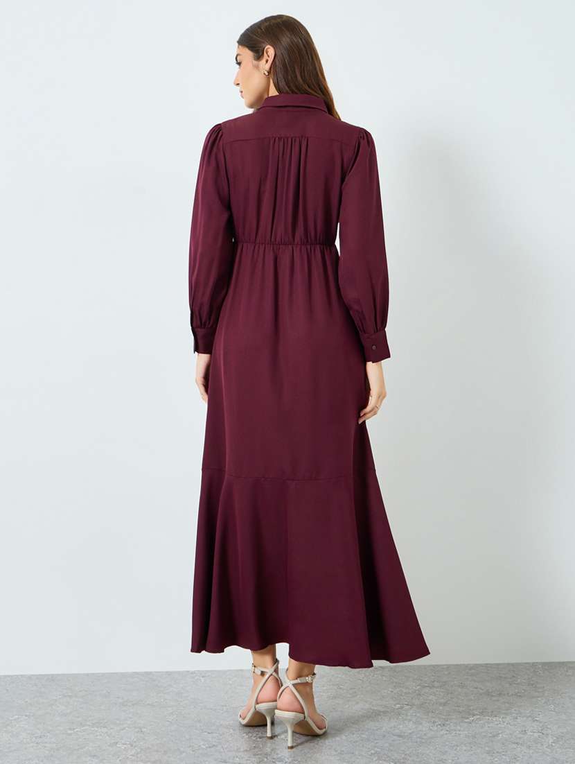 women solid collared bishop sleeve a-line dress - 22397849 -  Standard Image - 3
