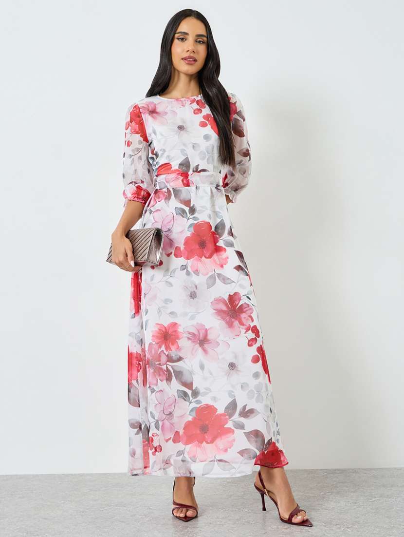 women floral print puff sleeve a-line dress