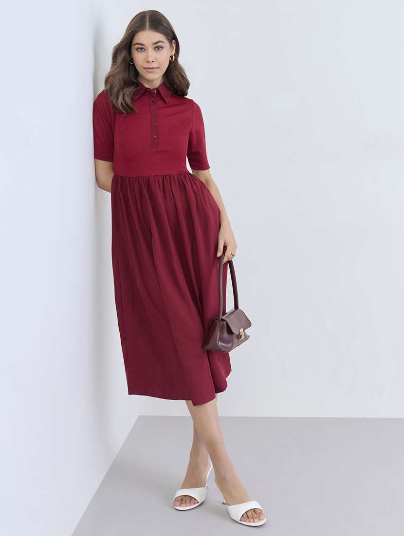 women solid collared short sleeve a-line dress