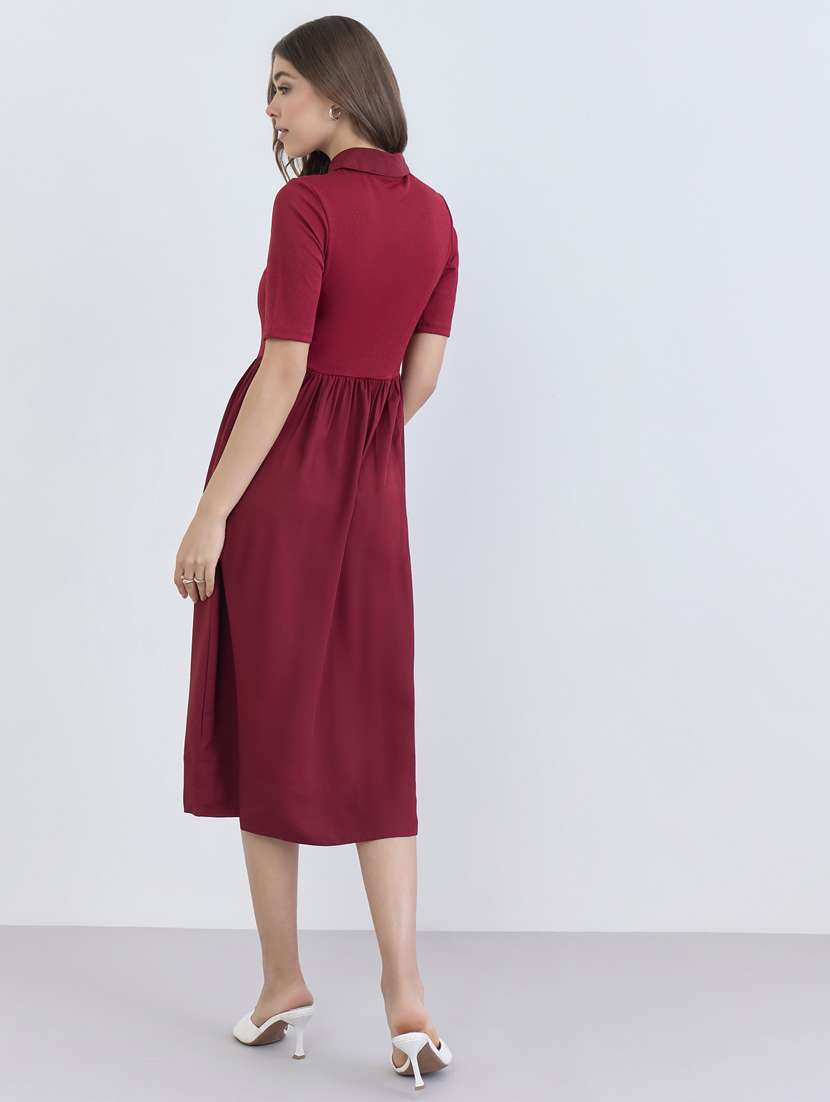 women solid collared short sleeve a-line dress - 22397869 -  Standard Image - 3