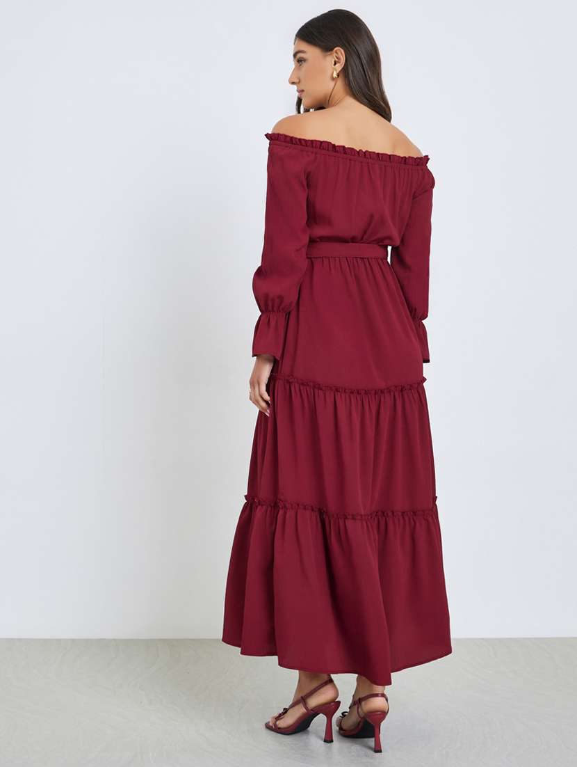 women solid off shoulder long sleeve tiered dress - 22397872 -  Standard Image - 3