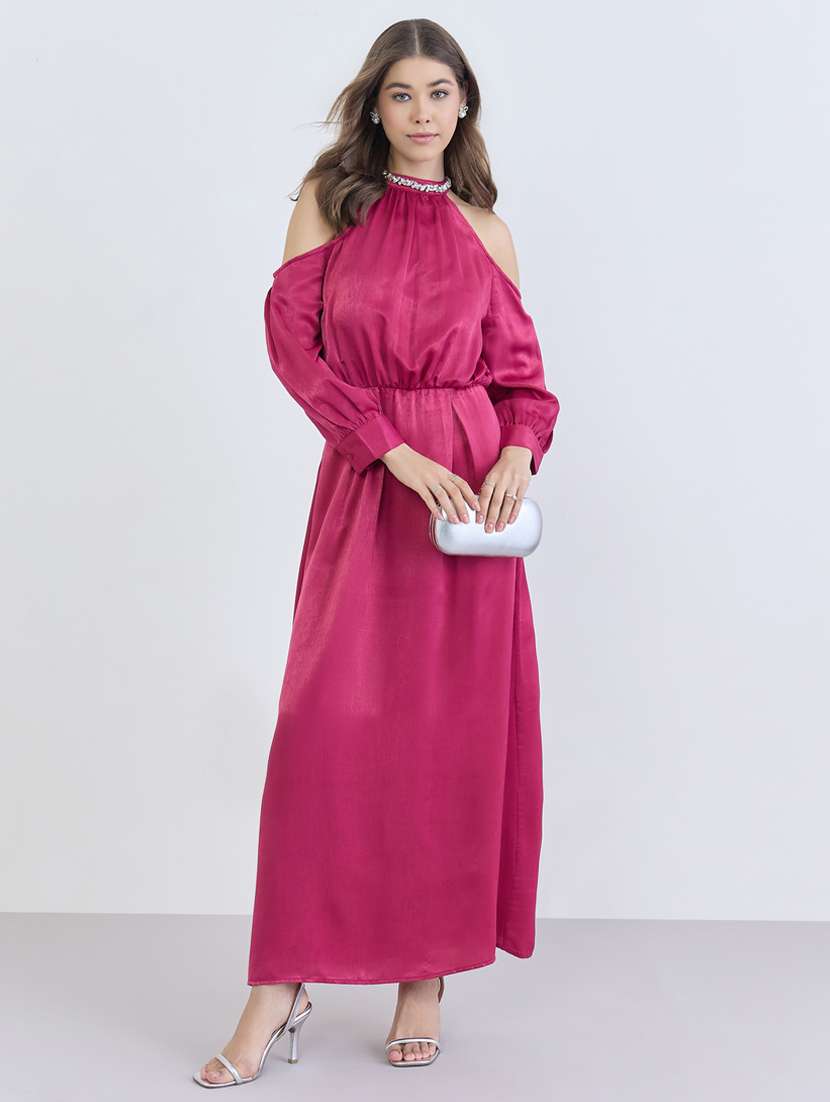 women embbelished neck cold shoulder a-line dress