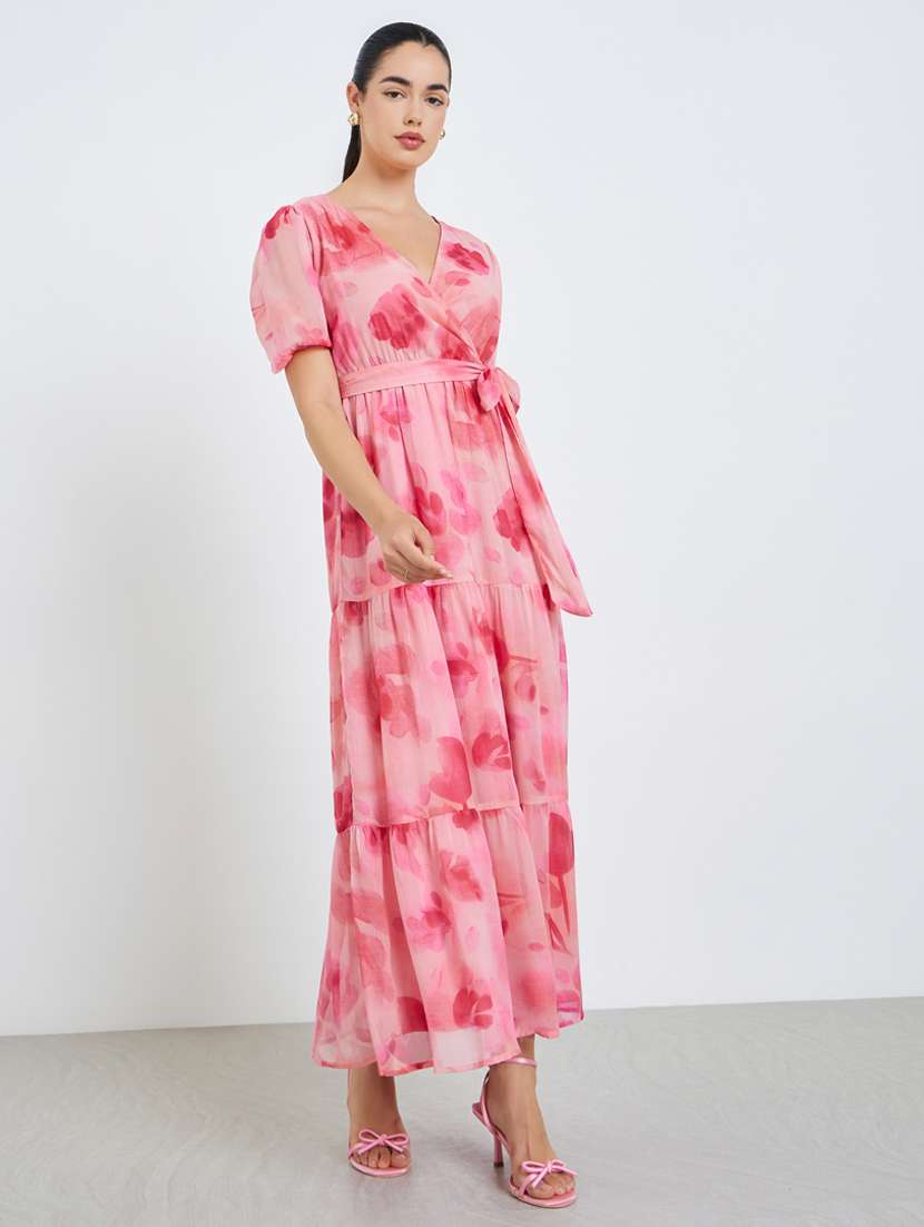 women floral print puff sleeve tiered dress